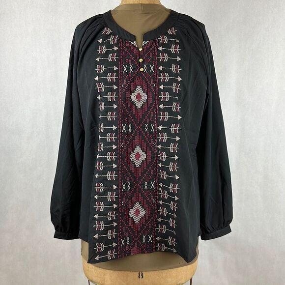 NWT Cruel Denim Blouse Ladies Sz XL Black Embroidered Southwest Tie Back Lightwe - Picture 1 of 8